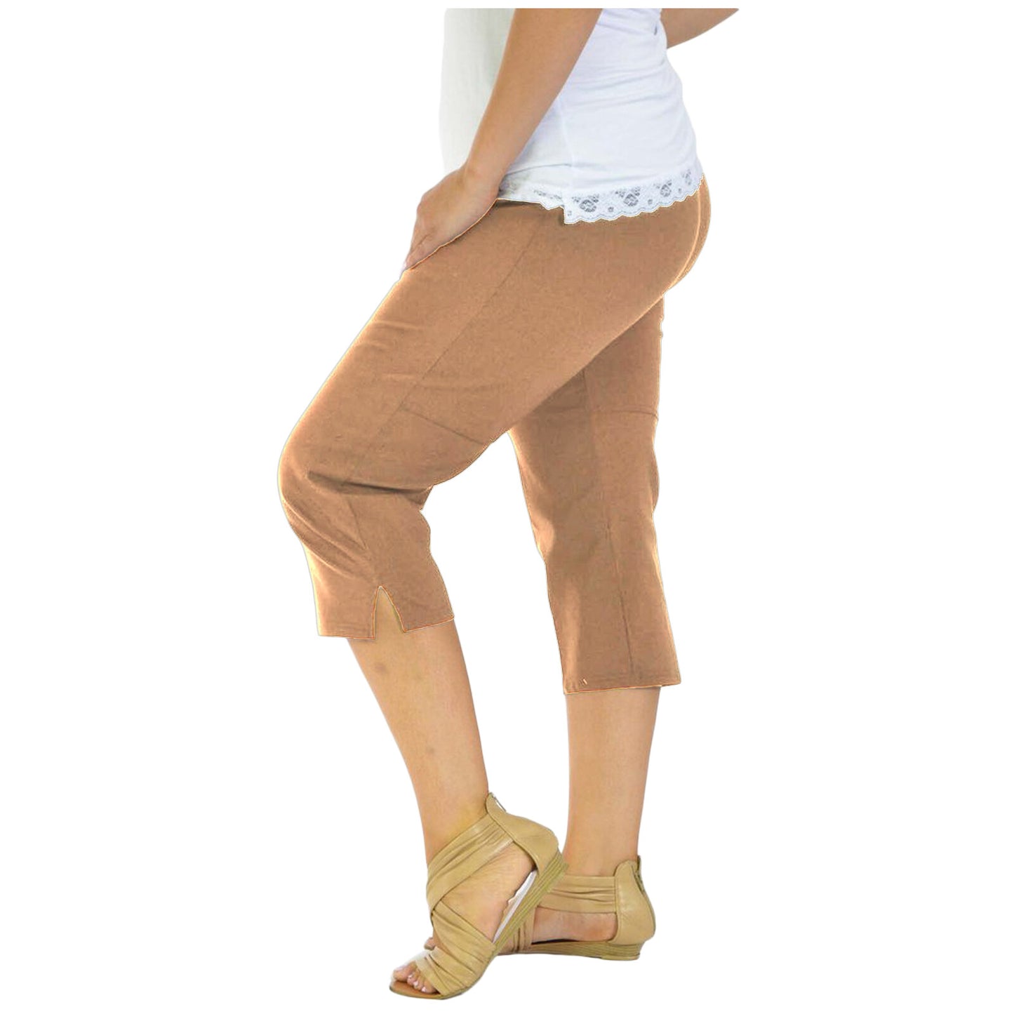 3/4 LENGTH WOMENS LADIES STRETCH ELASTICATED WAIST PLAIN PANTS CROPPED TROUSERS