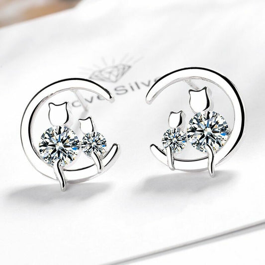 Womens Girls 925 Sterling Silver Crystal Moon Cats Stud Earrings Jewellery Gift