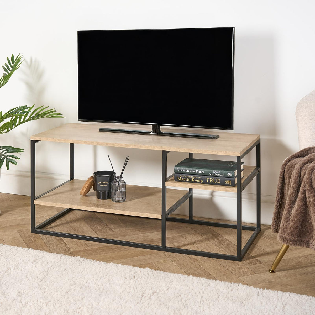 OHS Manhattan TV Stand Engineered Wood Shelves Entertainment Unit