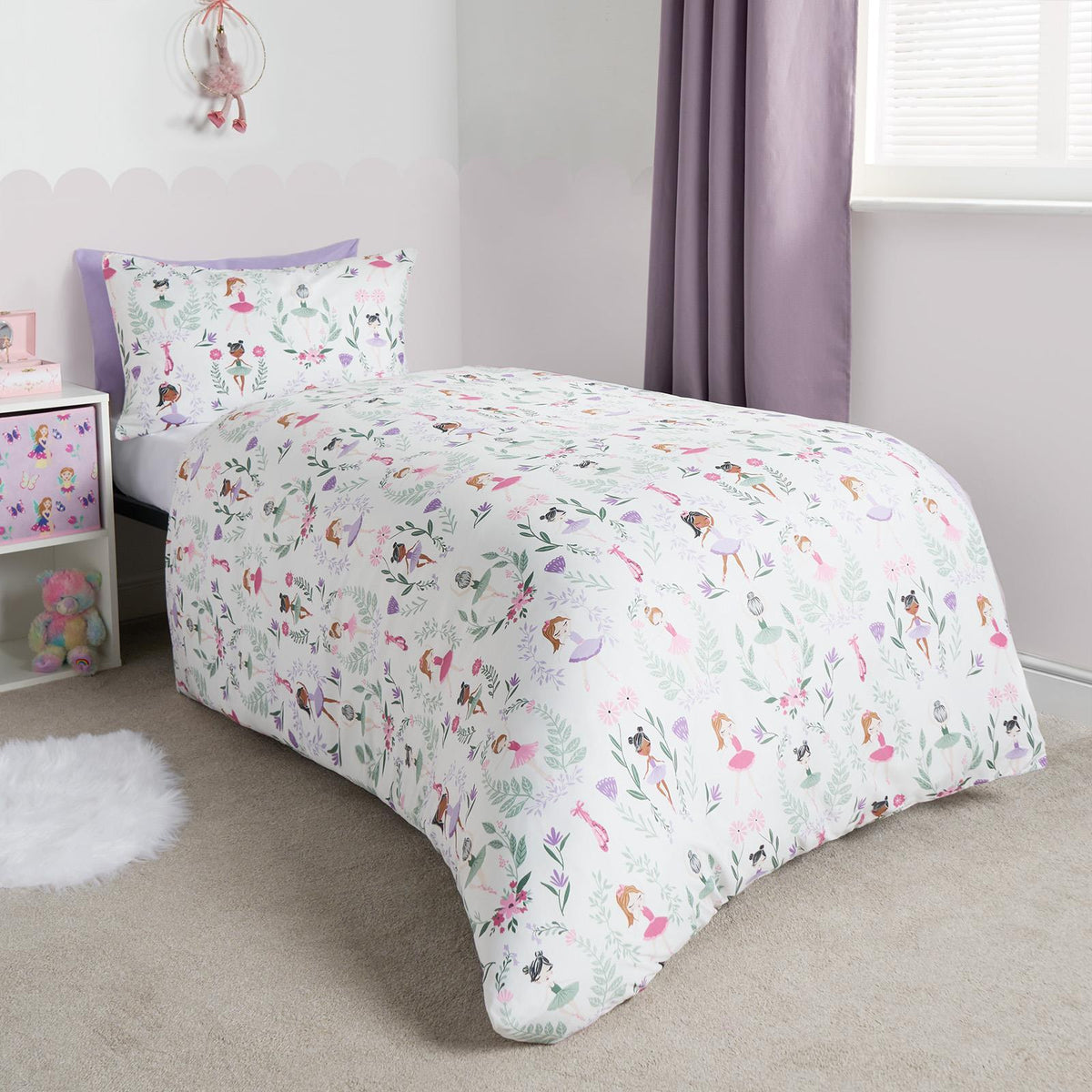 Reversible Duvet Cover Set Kids Ballerina Soft Floral Quilt Pillowcases Bedding