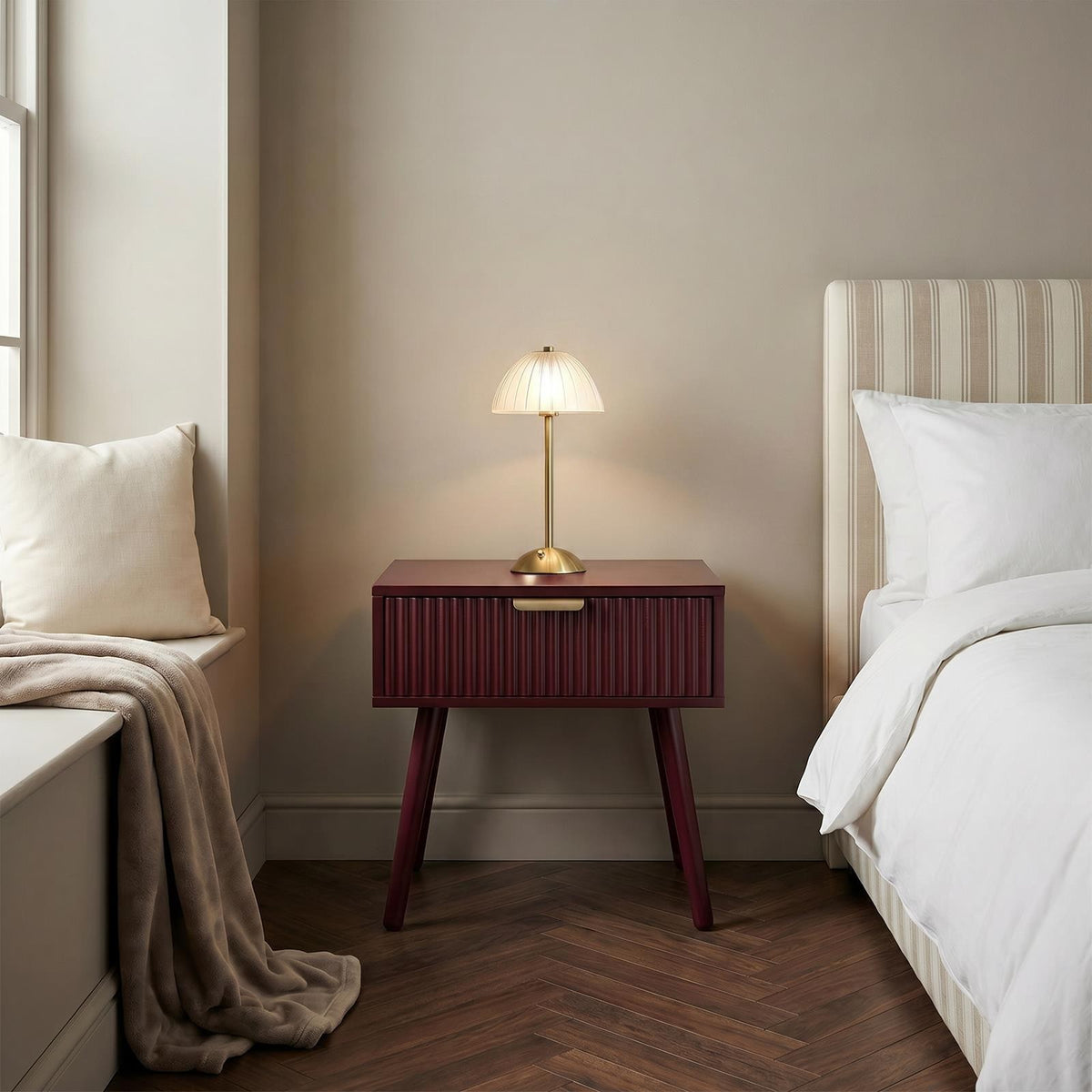 OHS Ribbed Bedside Nightstand 1 Drawer Storage Unit Wooden End Table