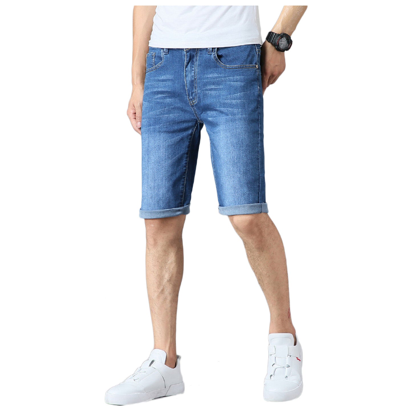 Mens Boys Denim Shorts Stretch Slim Fit Summer Half Jeans Pants Dark Blue Light