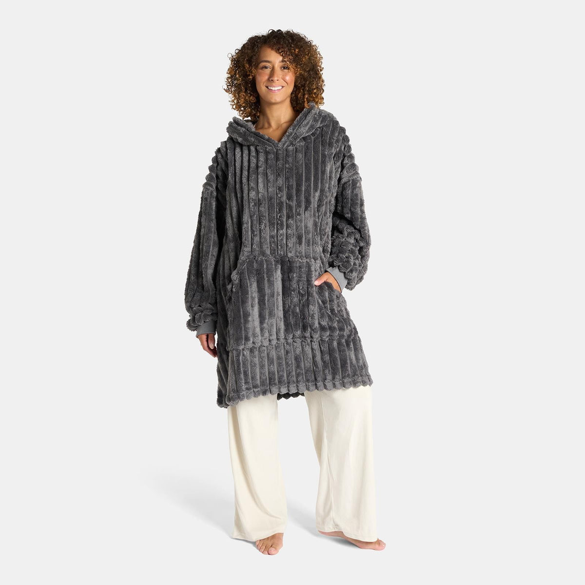 OHS Ribbed Flannel Hooded Blanket Fleece Wearable Throw Warm Oversized Hoodie