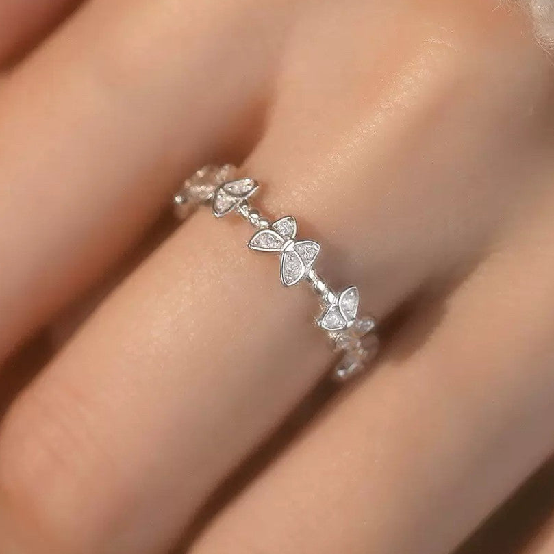 925 Sterling Silver Crystal Butterfly Linked Adjustable Ring Women Jewellery