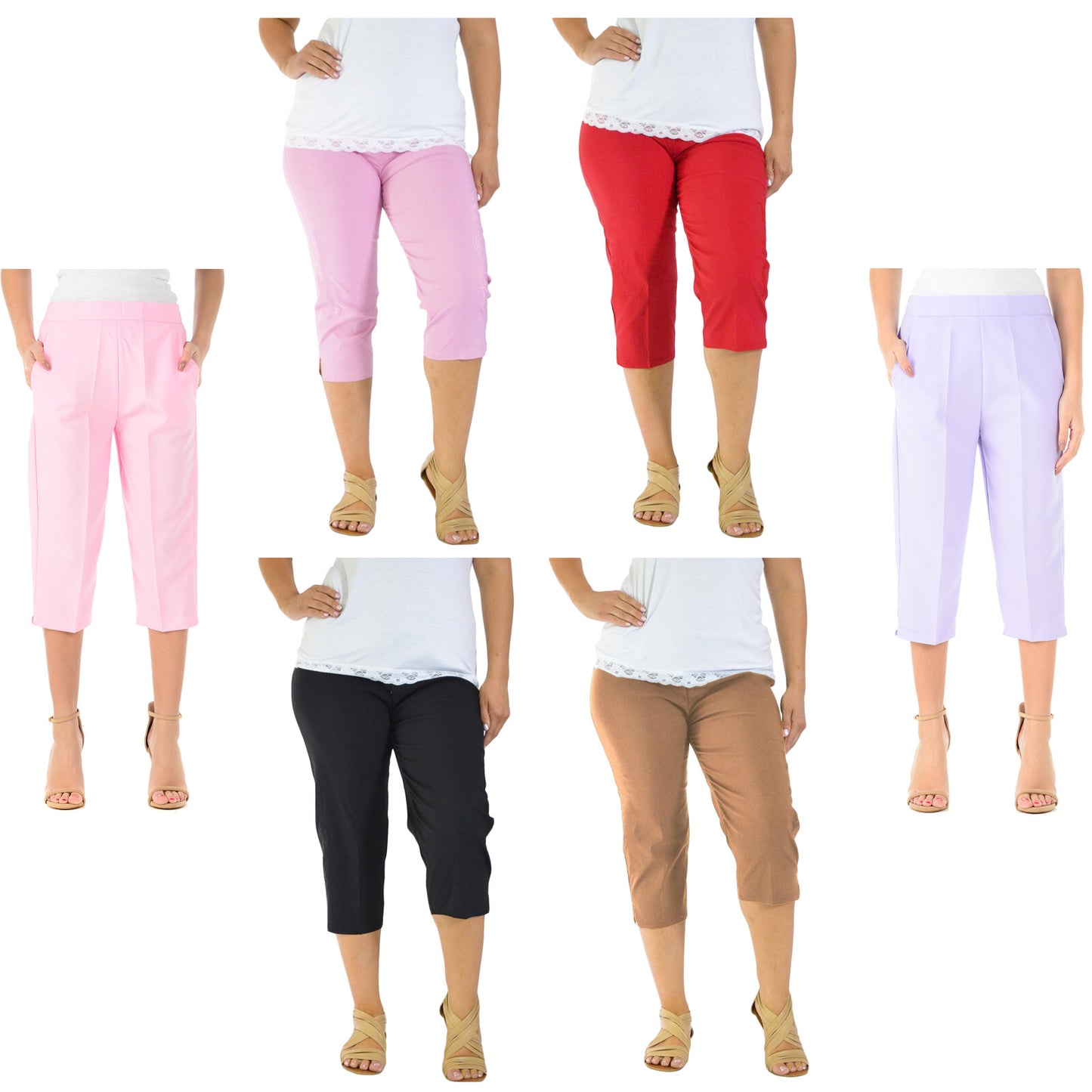 3/4 LENGTH WOMENS LADIES STRETCH ELASTICATED WAIST PLAIN PANTS CROPPED TROUSERS