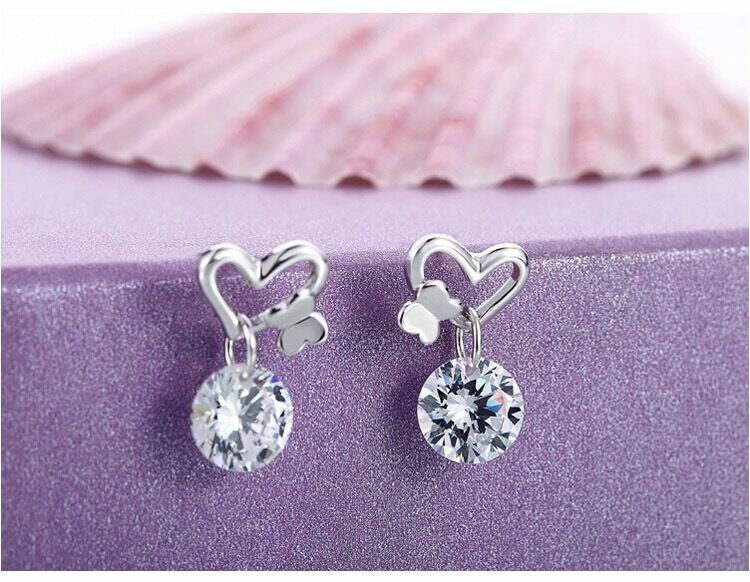 Women 925 Sterling Silver Crystal Heart Butterfly Stud Earrings Valentine's Gift