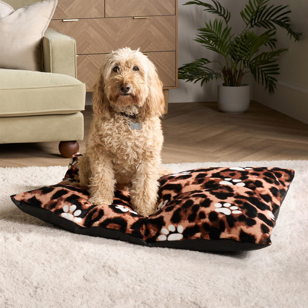 OHS Print Pet Bed Fleece Paw Checks Leopard Stripes Xmas Calming Cushion Dog Cat