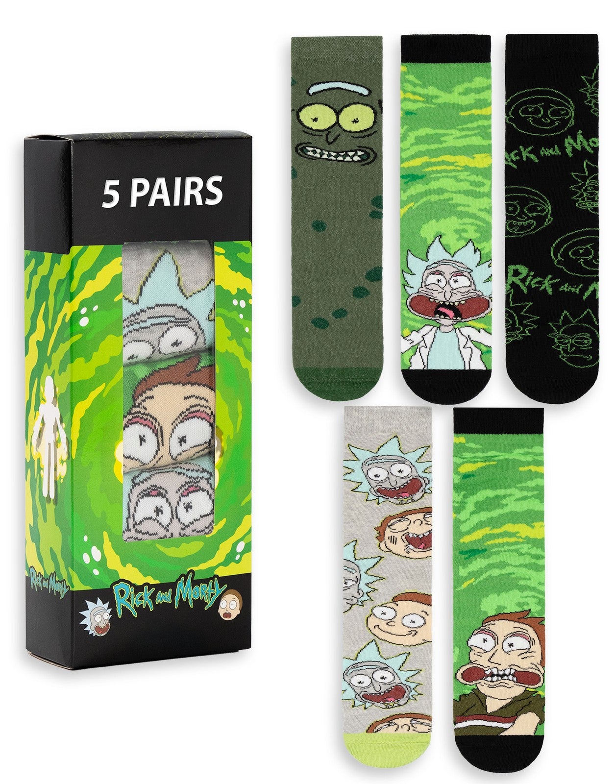 Rick And Morty Calf Socks Set of 5 | Mens Green | Official Merch