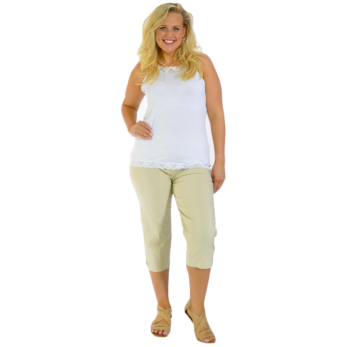 WOMENS LADIES 3/4 TROUSERS STRETCH ELASTICATED WAIST PLAIN CROPPED PLUS BIG SIZE
