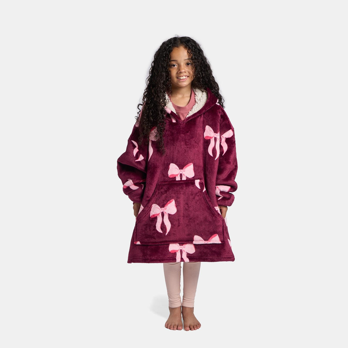 OHS Bows Print Hooded Blanket Adult Kids Sherpa Lined Winter Family Hoodie