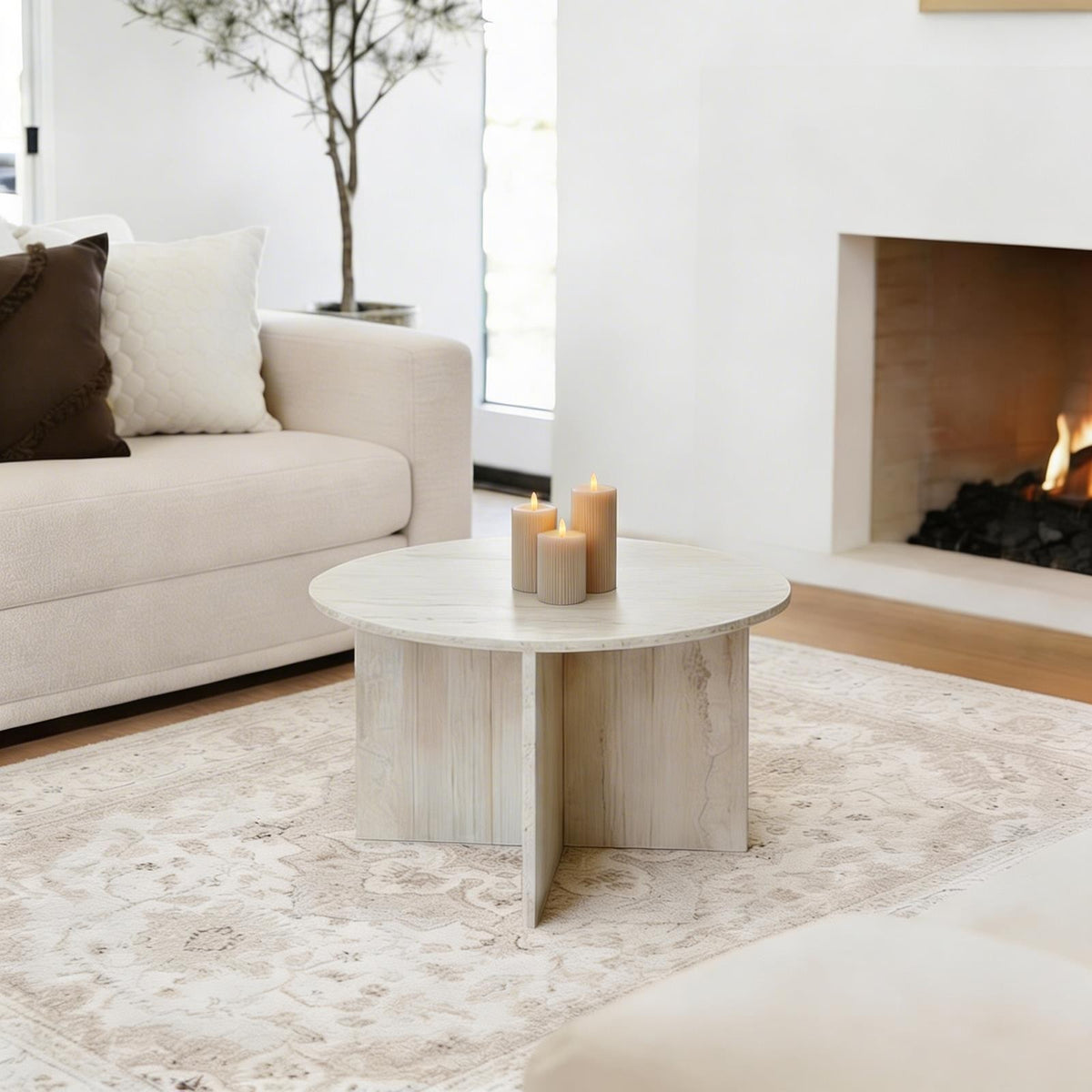 OHS Round Circle Coffee Table Travertine Living Room Home Decor Modern
