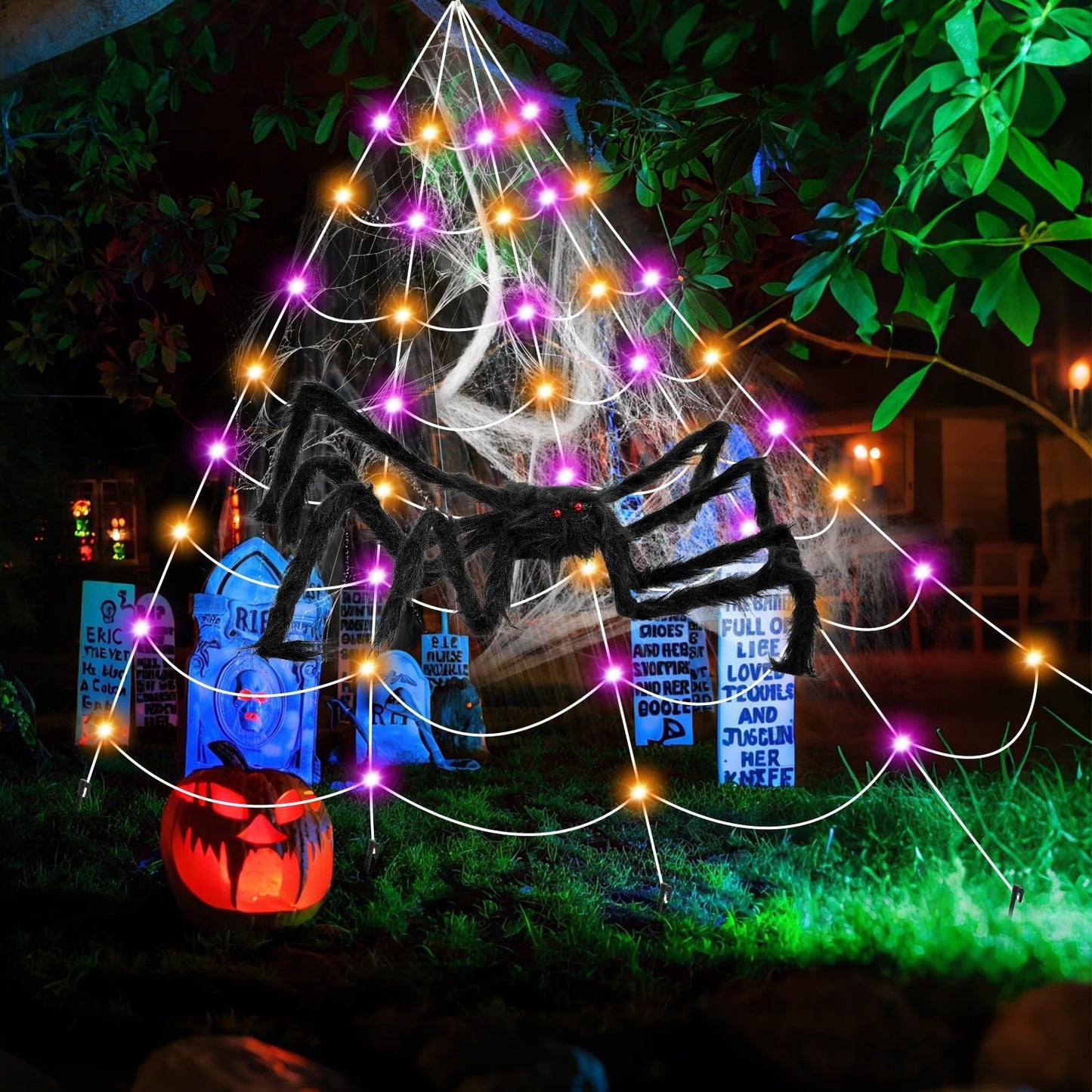 TRIXES GIANT LIGHT-UP SPIDERS WEB AND SPIDER – XL HALLOWEEN DECORATION