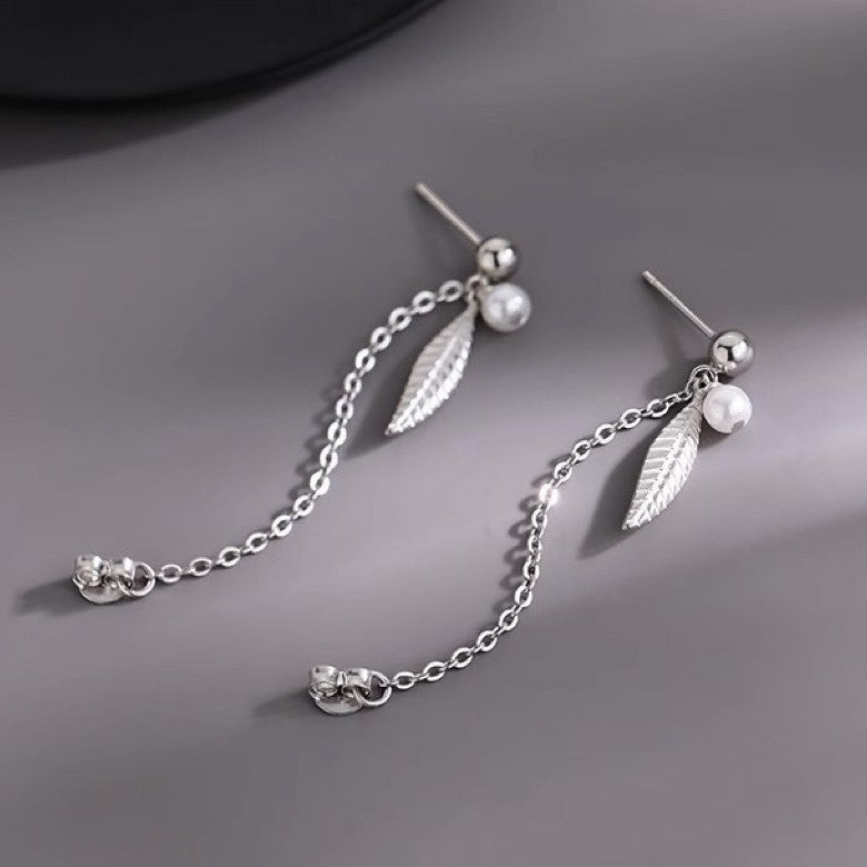 925 Sterling Silver Pearl Feather Drop Stud Earrings Women Girls Jewellery Gift