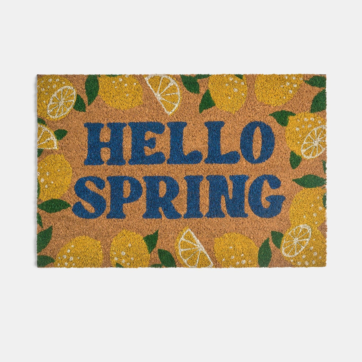 OHS Lemon Print Doormat Hello Spring Slogan Non Slip Indoor Outdoor Coir Rug