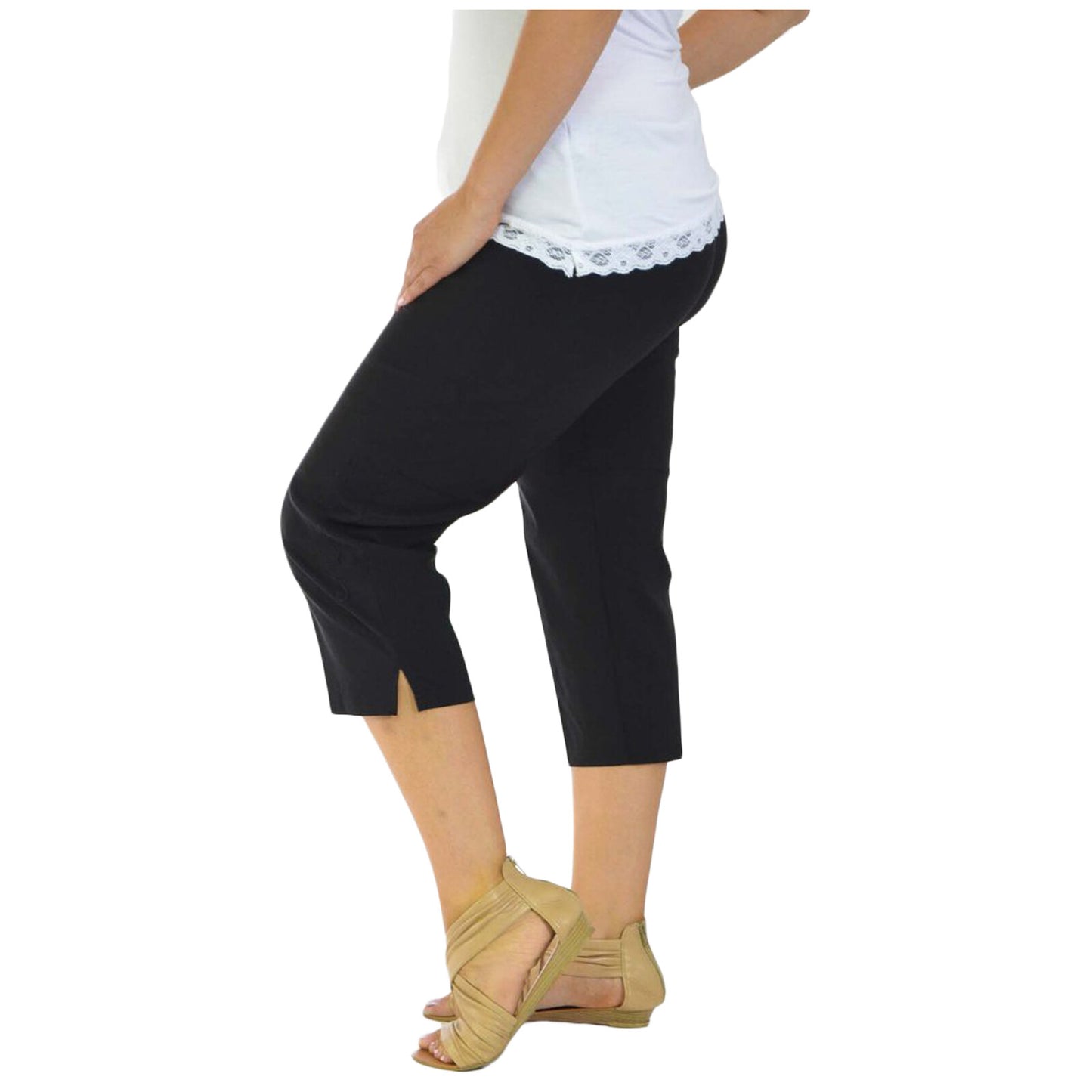 3/4 LENGTH WOMENS LADIES STRETCH ELASTICATED WAIST PLAIN PANTS CROPPED TROUSERS