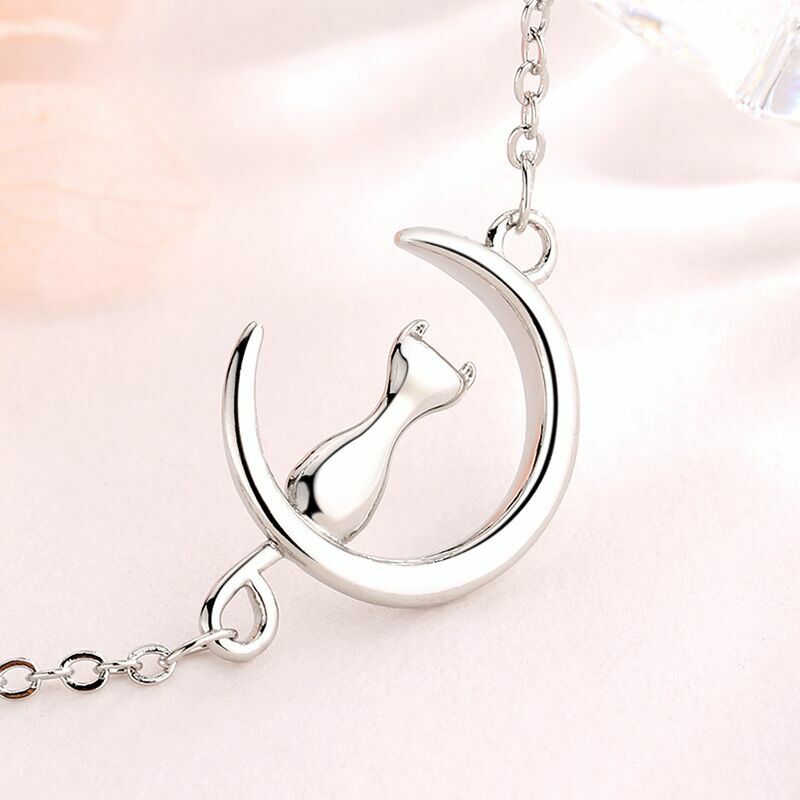Women Girls Cute Moon Cat  Charm Bracelet 925 Sterling Silver Jewellery Gift UK