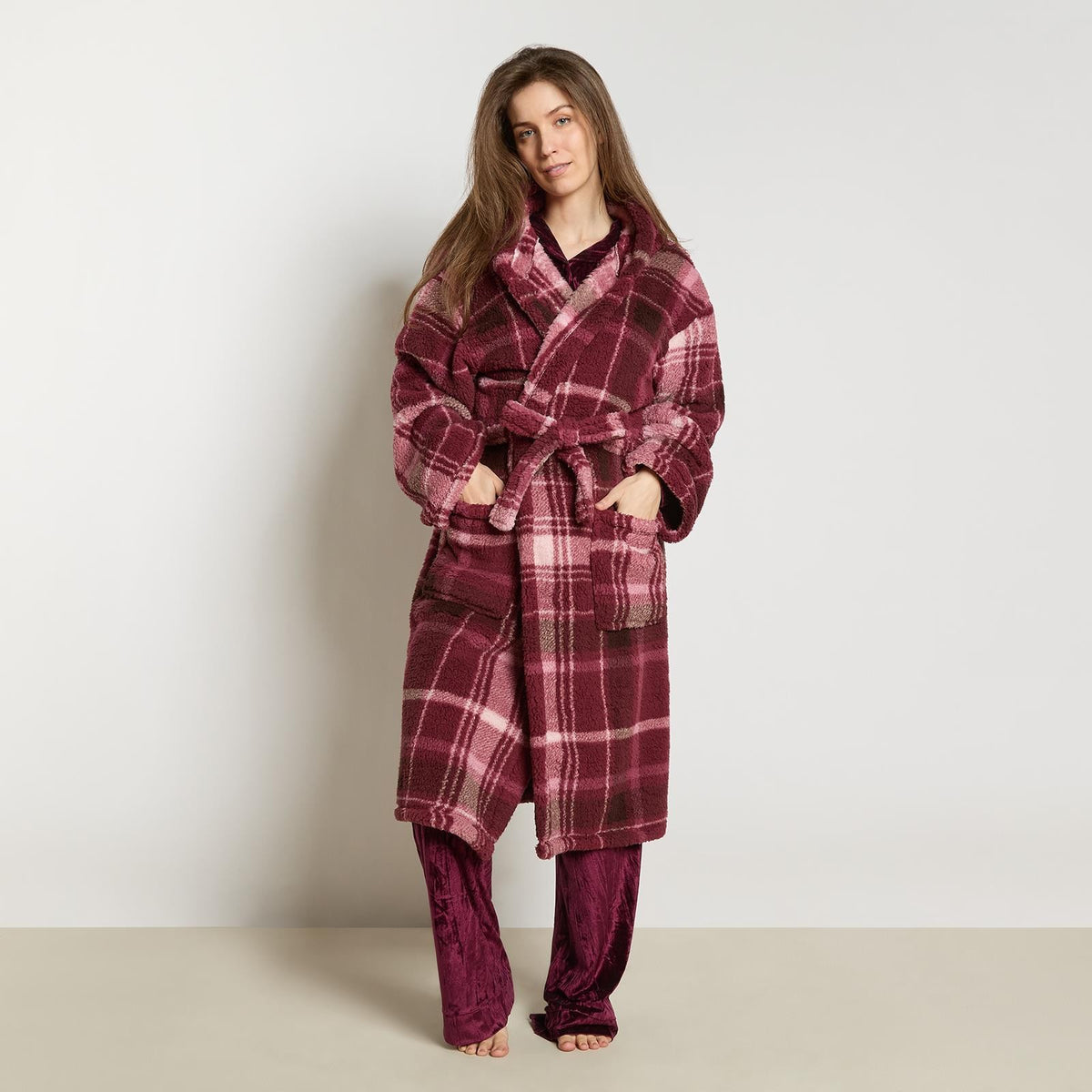 OHS Teddy Dressing Gown Tartan Check Soft Unisex Hooded Xmas Loungewear Robe