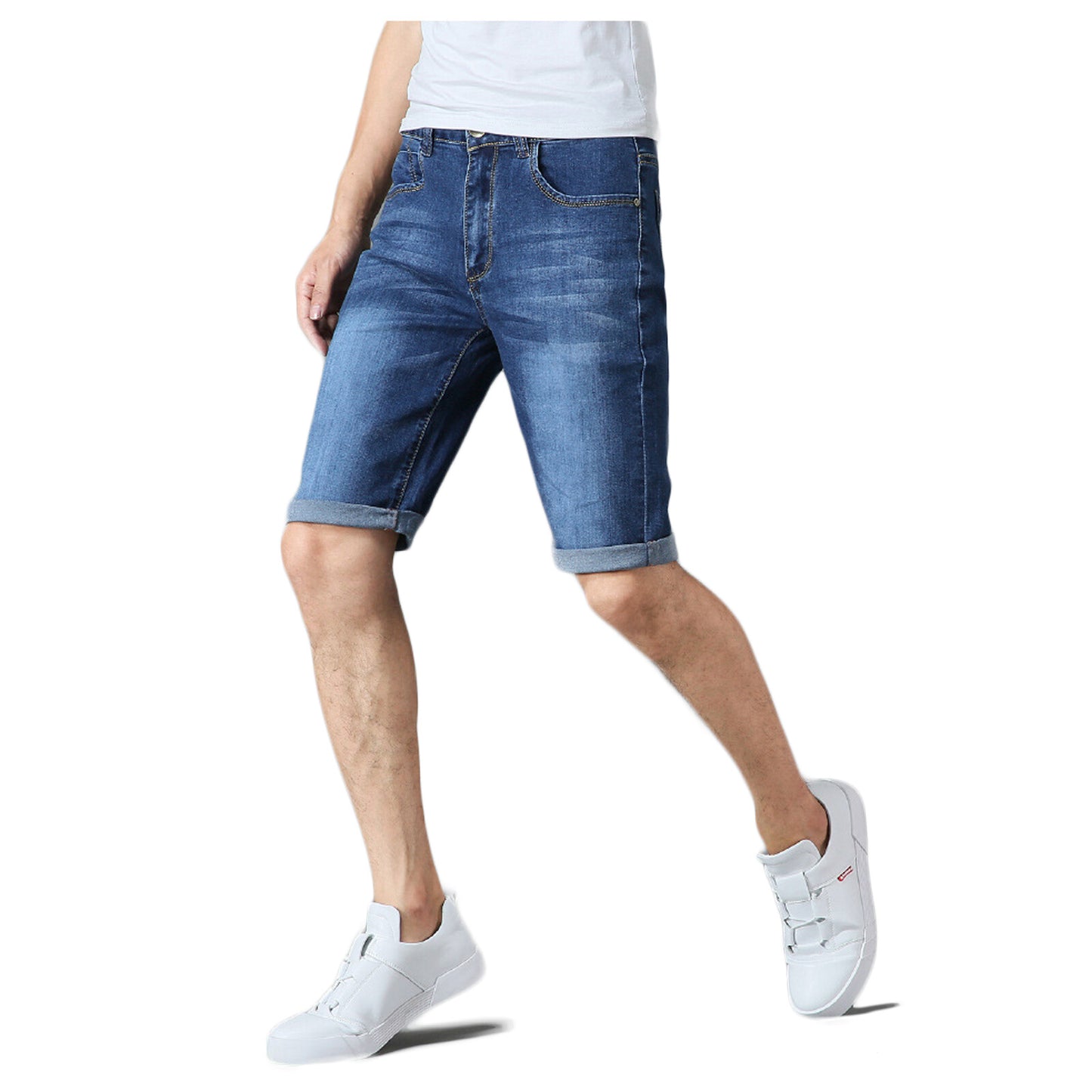Mens Boys Denim Shorts Stretch Slim Fit Summer Half Jeans Pants Dark Blue Light