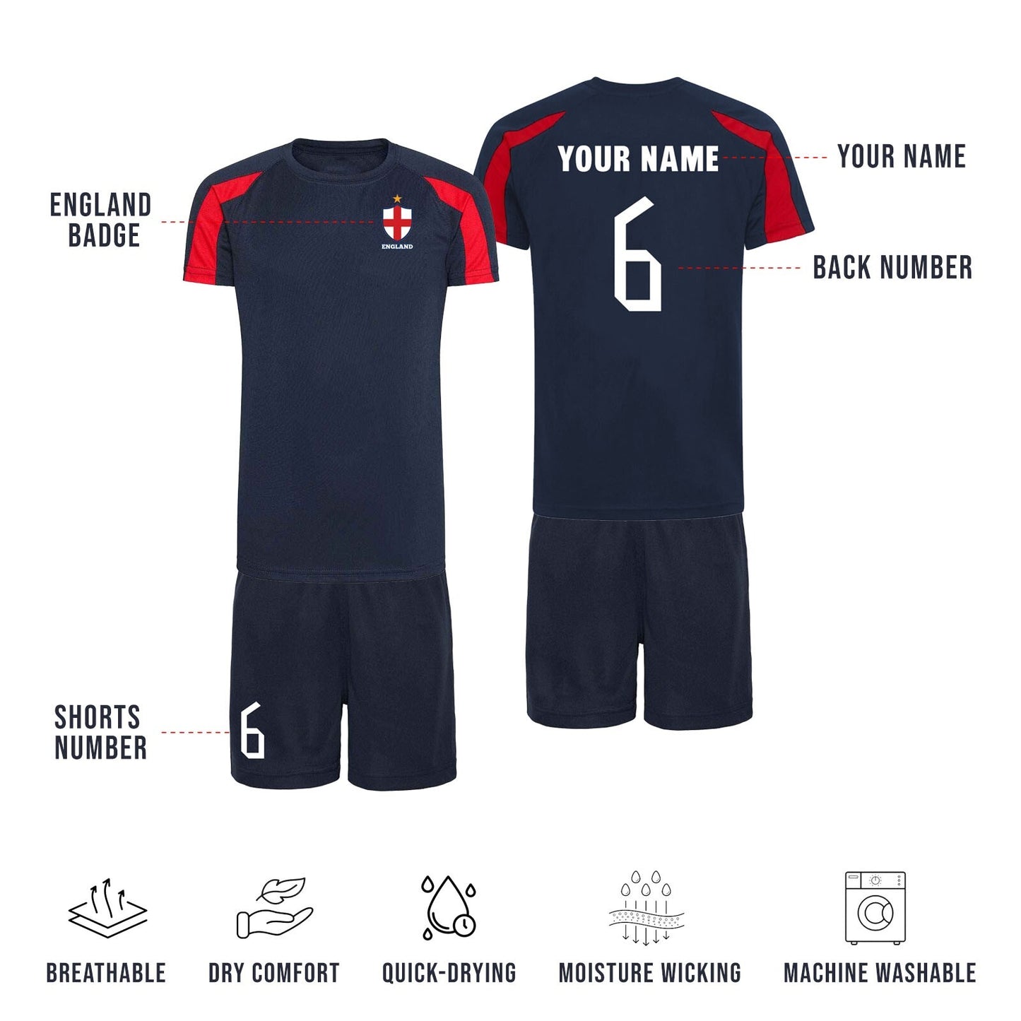 Personalised Kids England Style Home Football Kit Shirt Shorts Socks & Bag