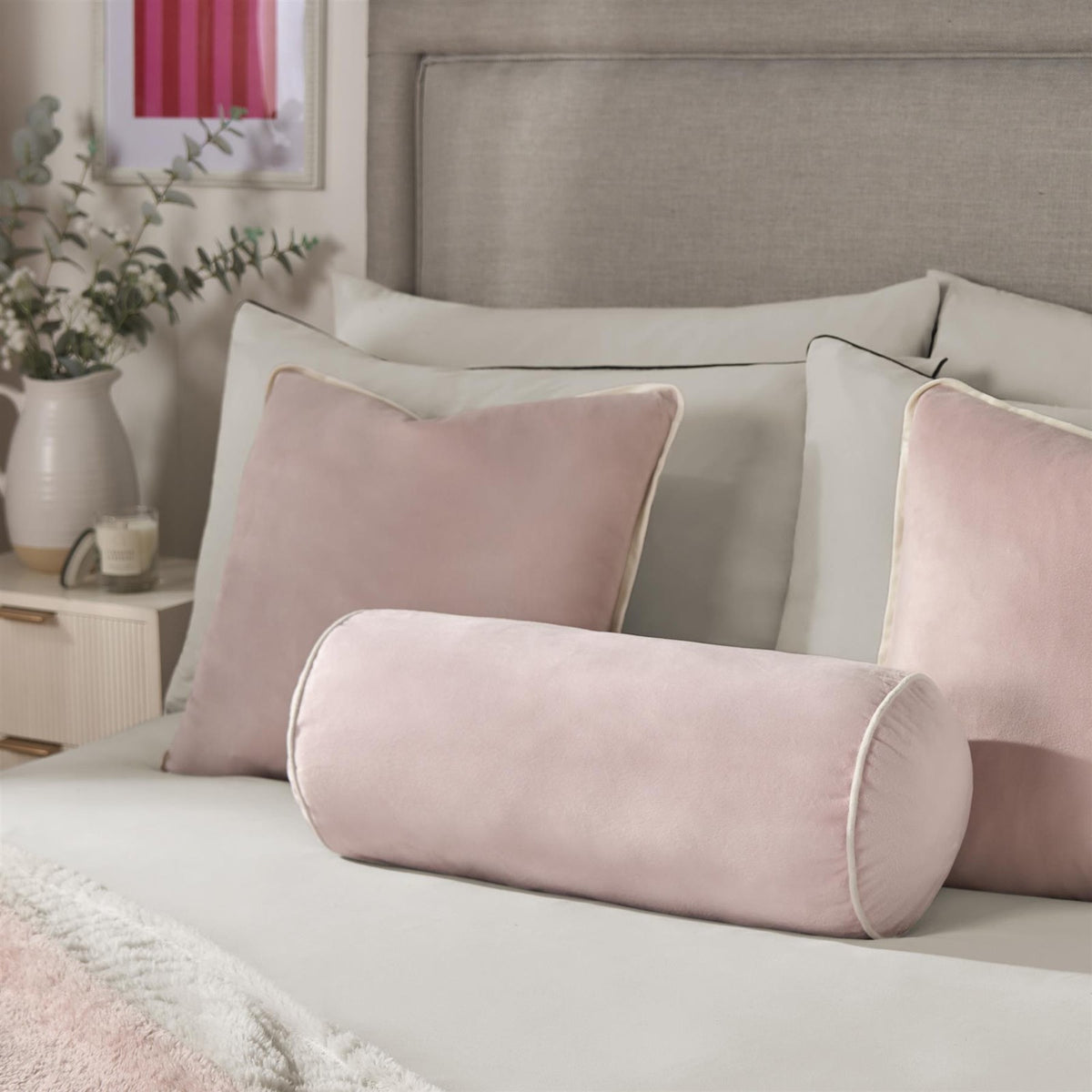 OHS Piped Edge Bolster Cushion Matte Velvet Bedroom Sofa Plump Filled Pillow