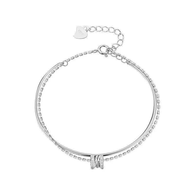 925 Sterling Silver Crystal Double Layer Fashion Charm Bracelet Women Jewellery