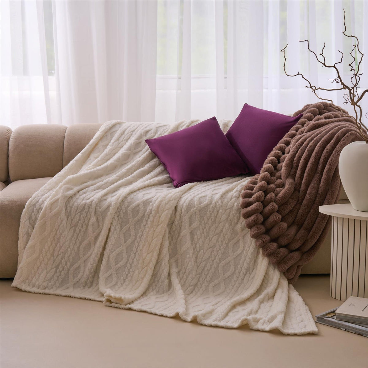 OHS Cable Knit Throw Soft Fleece Family Large Blanket Thermal Bedspread