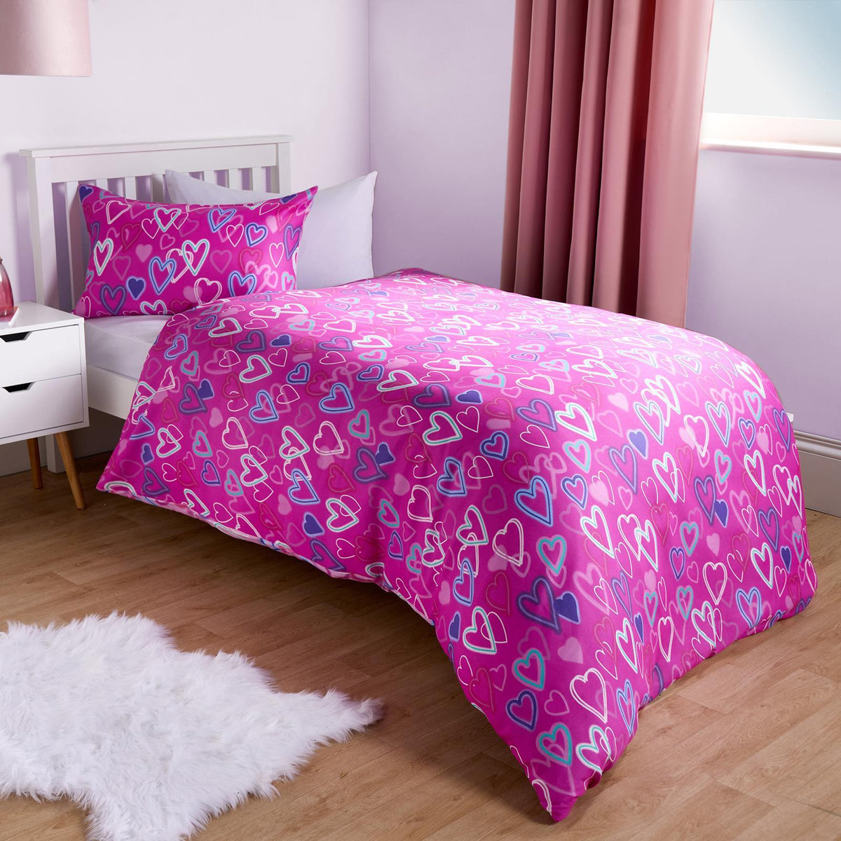 Neon Heart Duvet Cover Bedding Set Reversible with Pillowcase Kids Single Double