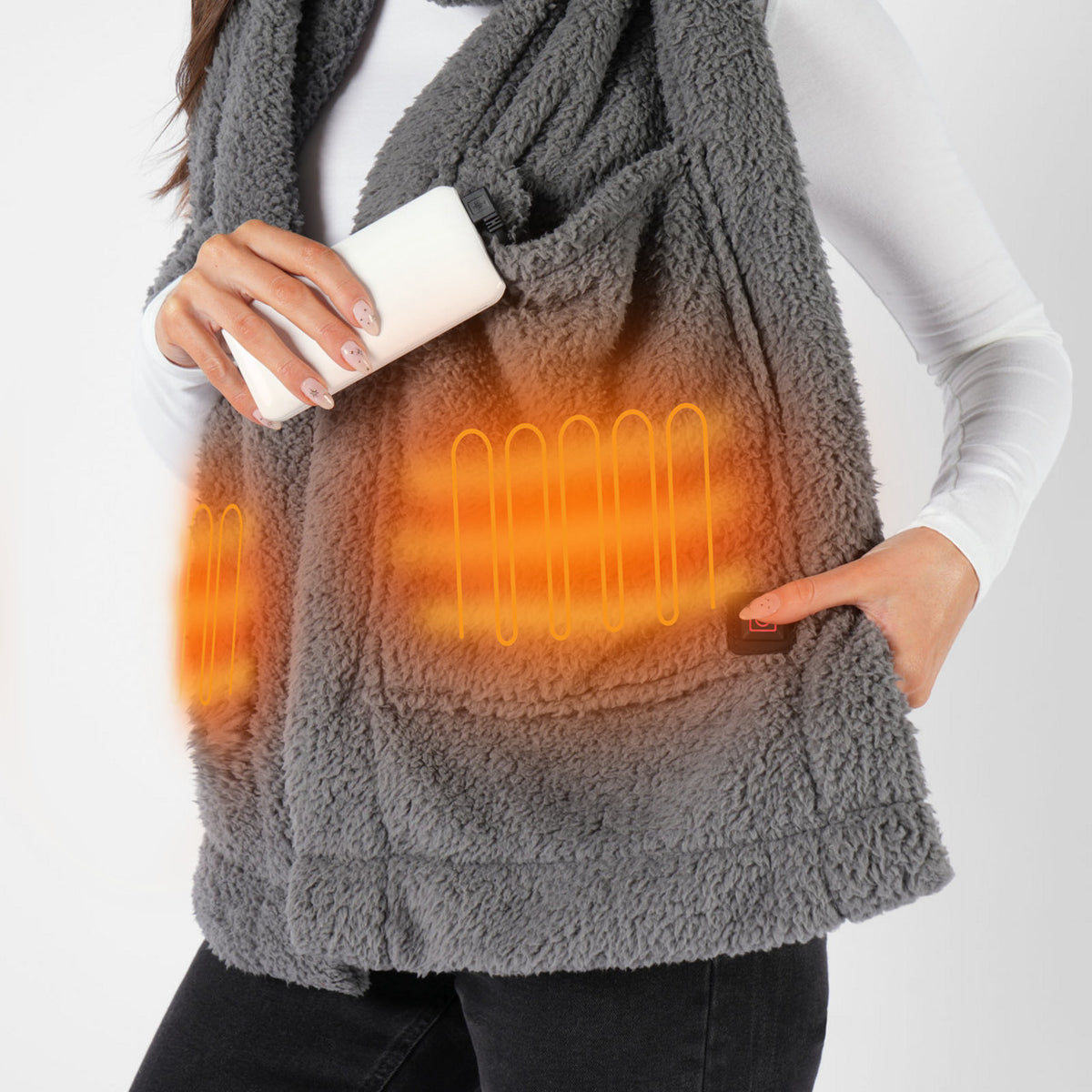 Teddy Fleece Scarf Heated Long Pockets Warm Wrap Shawl Scarves USB Power Bank