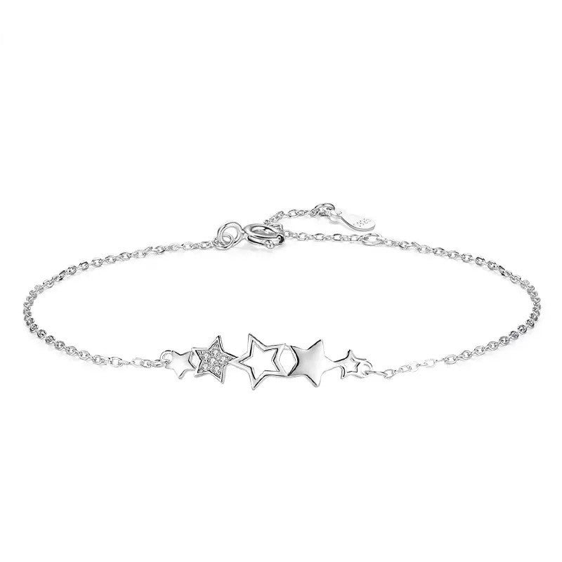925 Sterling Silver Crystal Star Linked Charm Bracelet Women Jewellery Gift