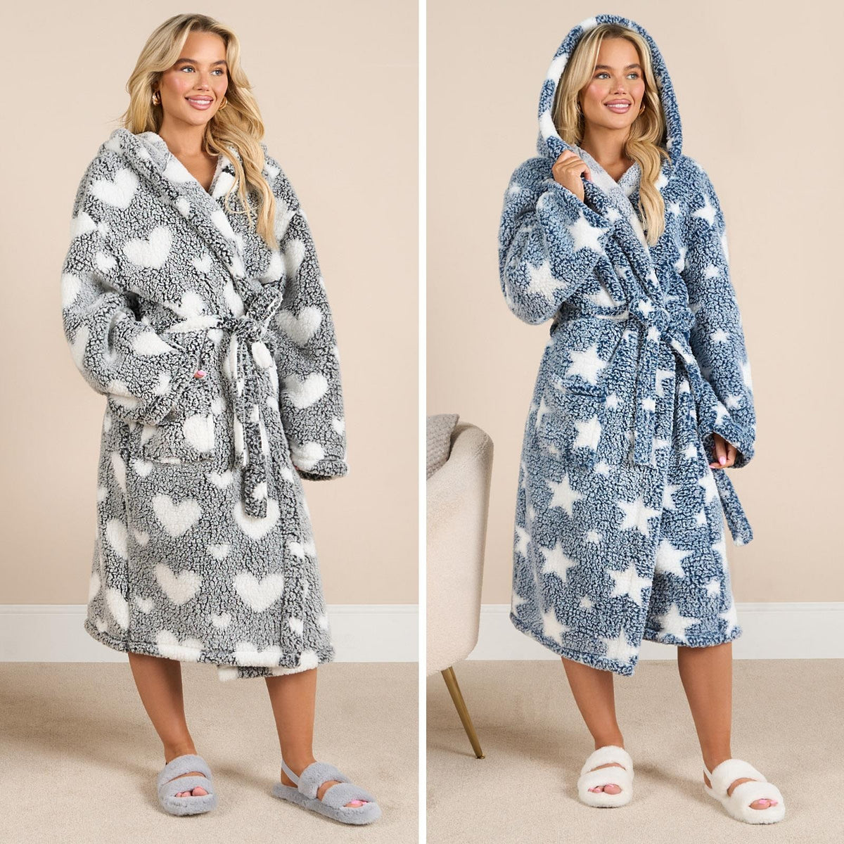 OHS Teddy Marl Dressing Gown Prints Ladies Warm Womens Loungewear Bathrobe