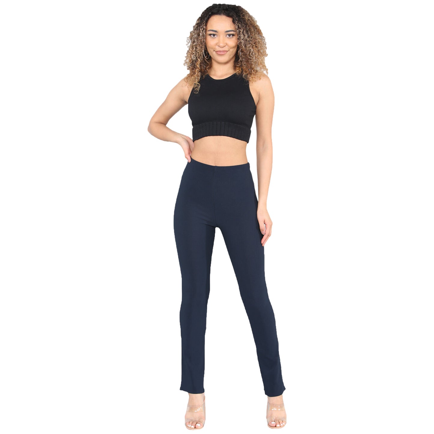 PACK OF 2 WOMENS BOOTLEG TROUSERS LADIES ELASTICATED WAIST RIBBED PANTS BOTTOMS