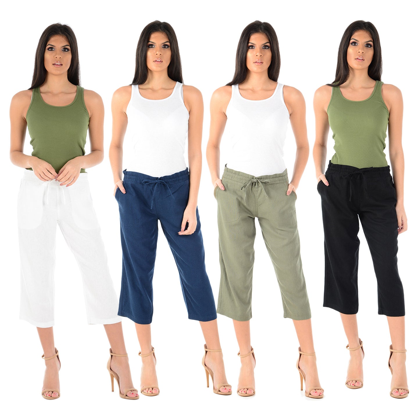 LADIES LINEN 3 QUARTER TROUSER WOMEN CROPPED 3/4 PANTS SUMMER RELAXED FIT SHORTS