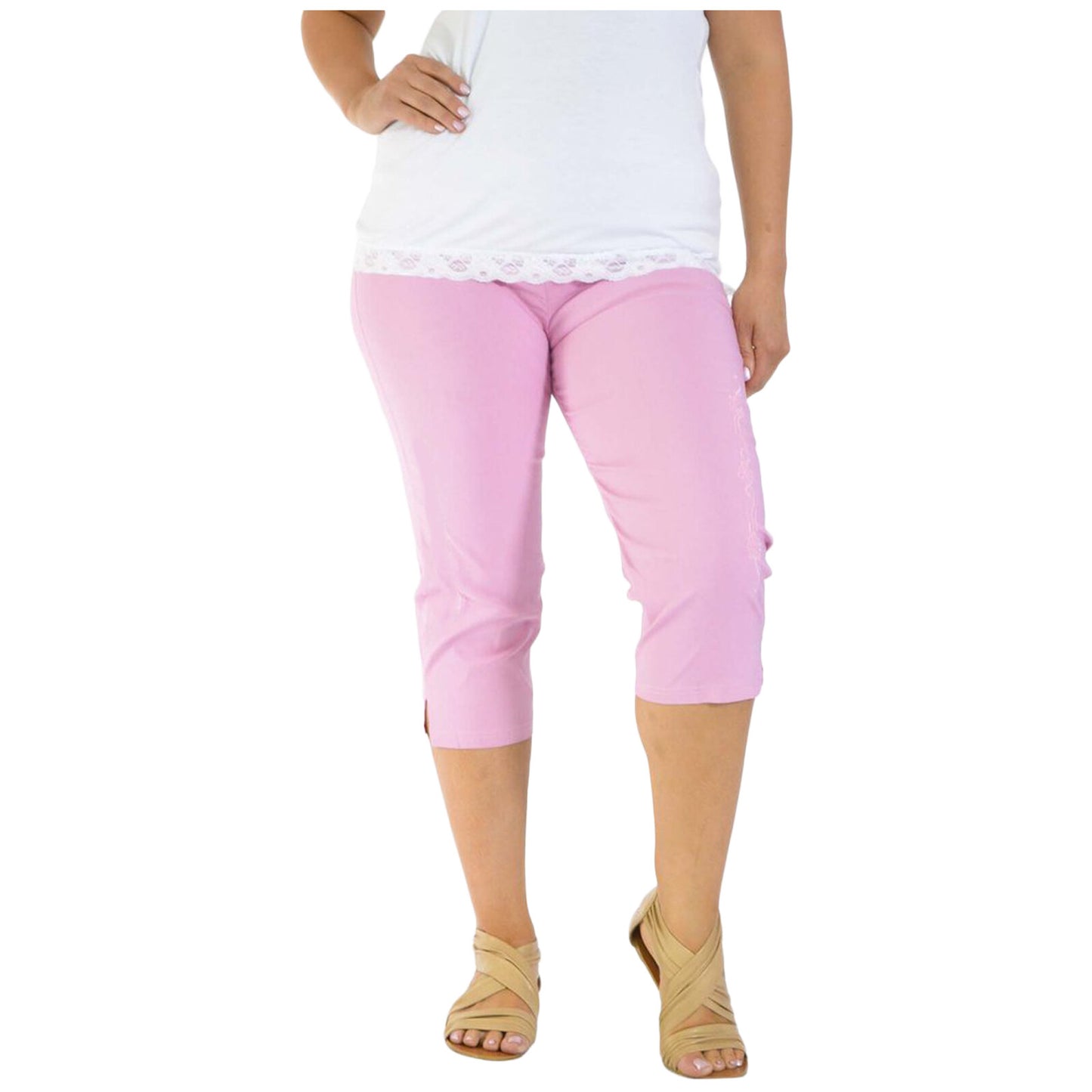 WOMENS LADIES 3/4 TROUSERS STRETCH ELASTICATED WAIST PLAIN CROPPED PLUS BIG SIZE