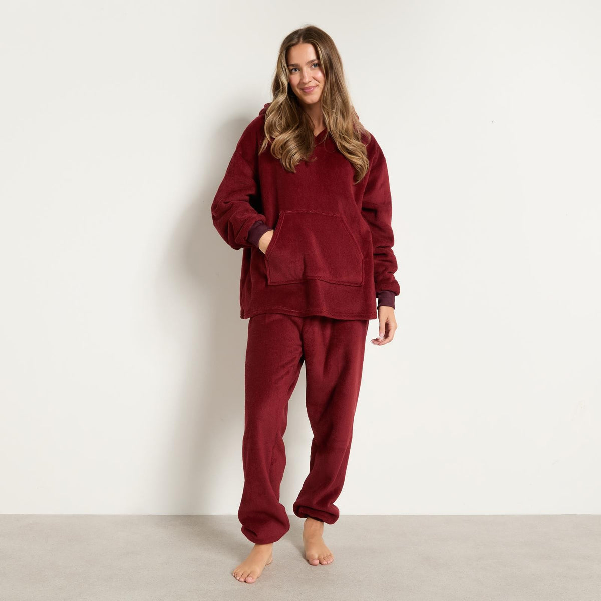 OHS Fleece Loungewear Set Coral Winter Sherpa Nightwear 2-Piece Hoodie Jogger