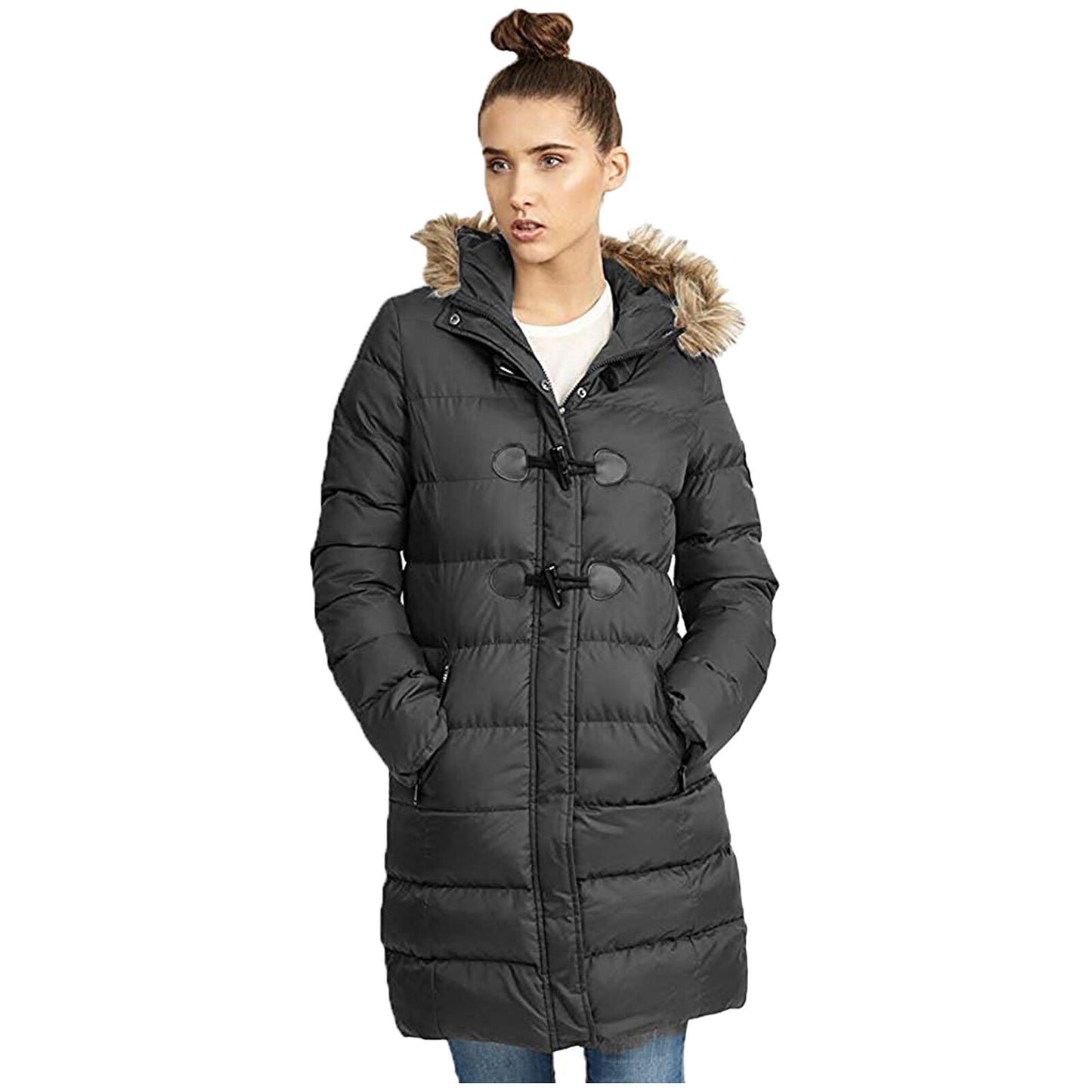 LADIES PUFFER JACKET WOMENS PADDED PUFFA FUR HOODED QUILTED BUBBLE PARKA COAT