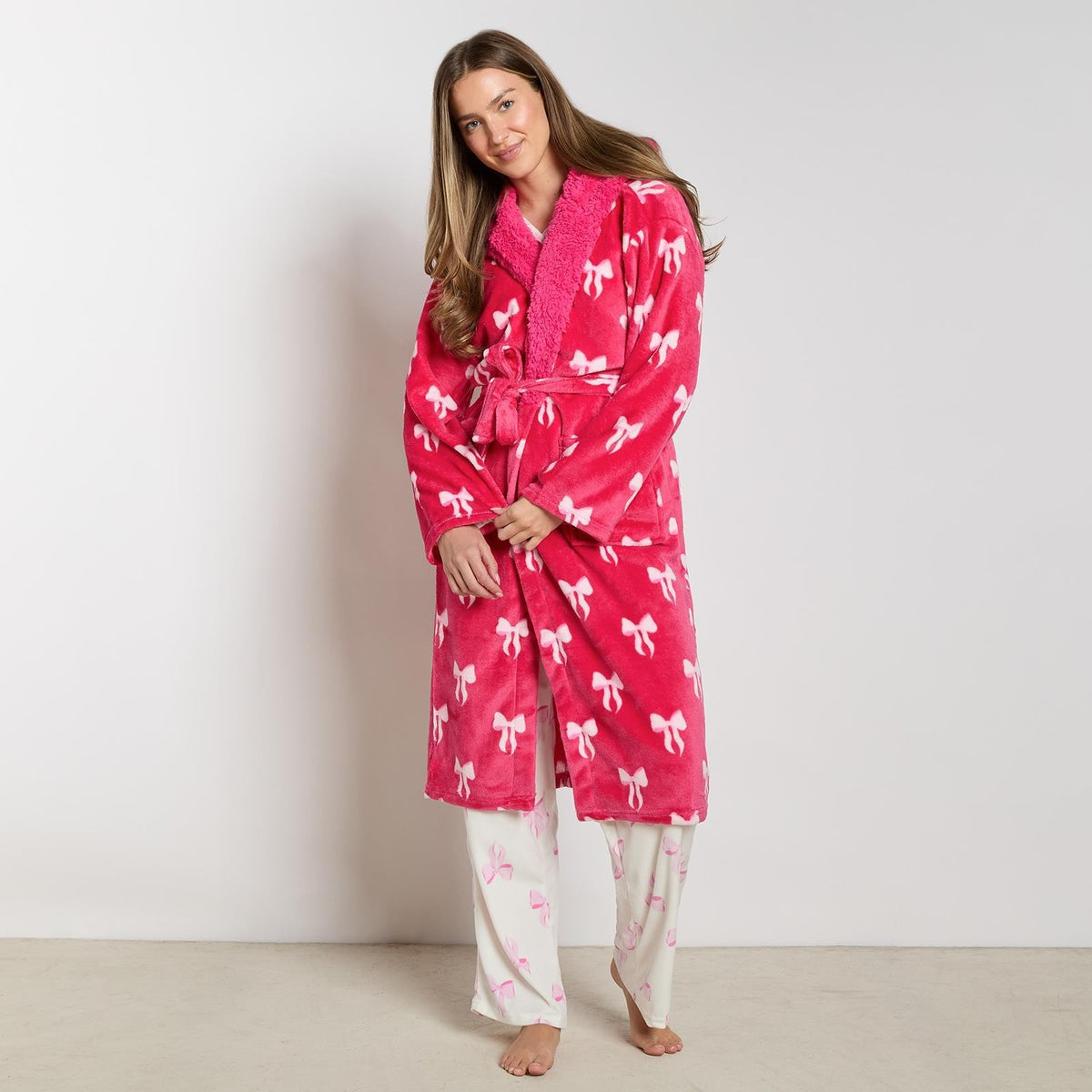 OHS Bows Dressing Gown Flannel Winter Sherpa Lined Loungewear Hooded Bathrobe