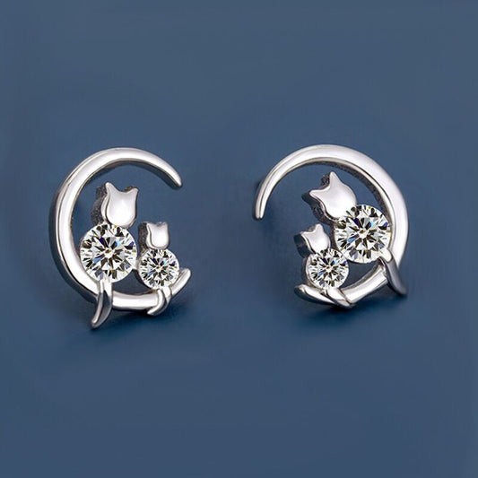 Womens Girls Crystal Moon Cats Stud Earrings 925 Sterling Silver Jewellery Gift