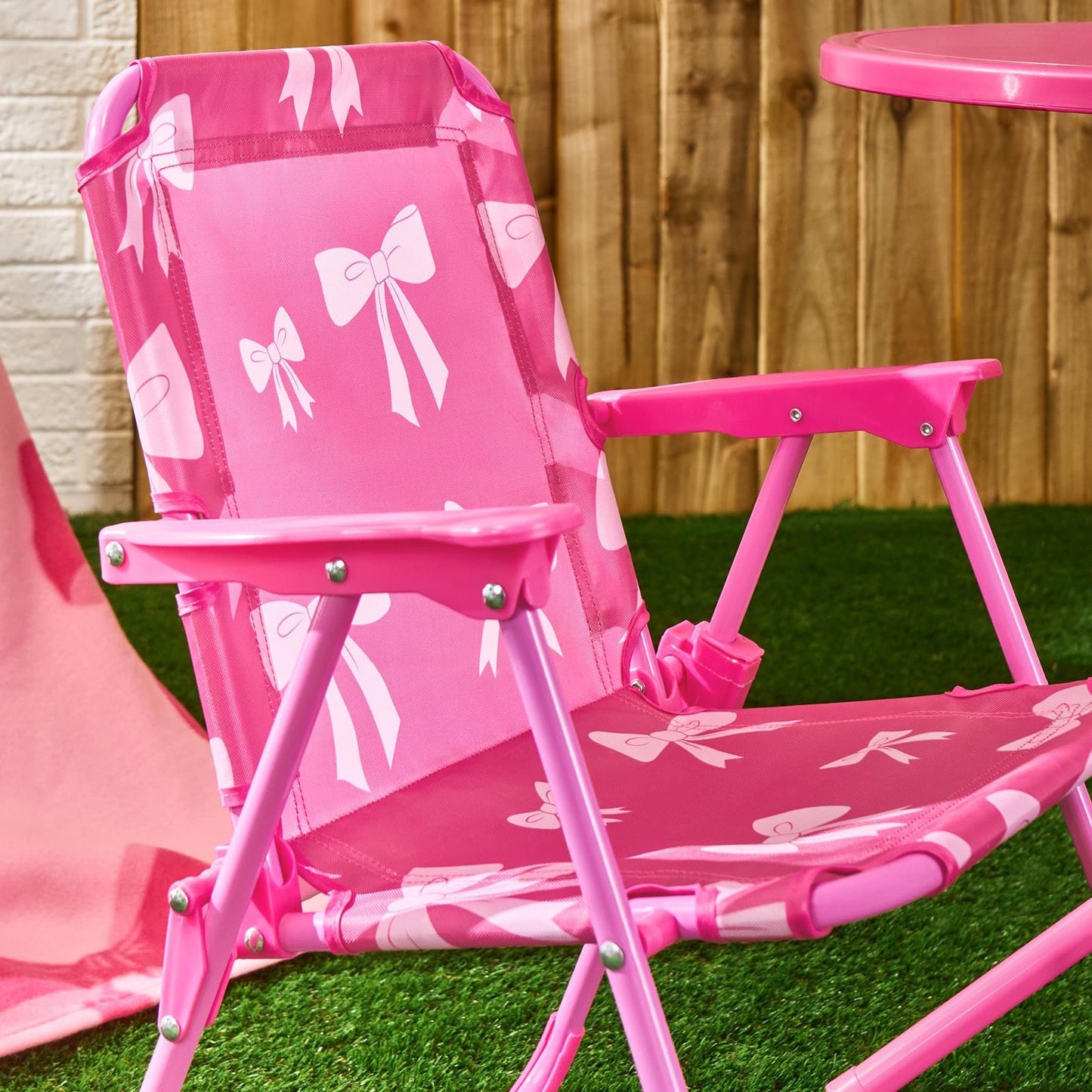 OHS Kids Folding Bistro Set Bows Print Table Chair Seat with Parasol Garden