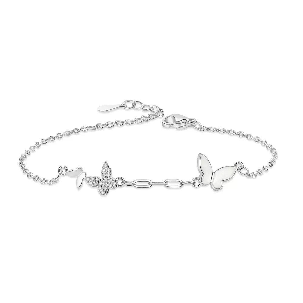 925 Sterling Silver Crystal Butterfly Linked Charm Bracelet Women Jewellery UK