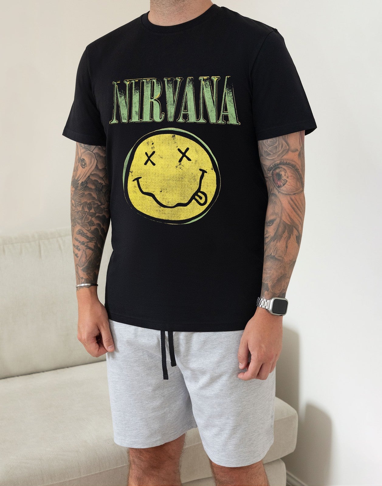 Nirvana Short Sleeve Short Leg Pyjama Set | Mens Black | Official Merch
