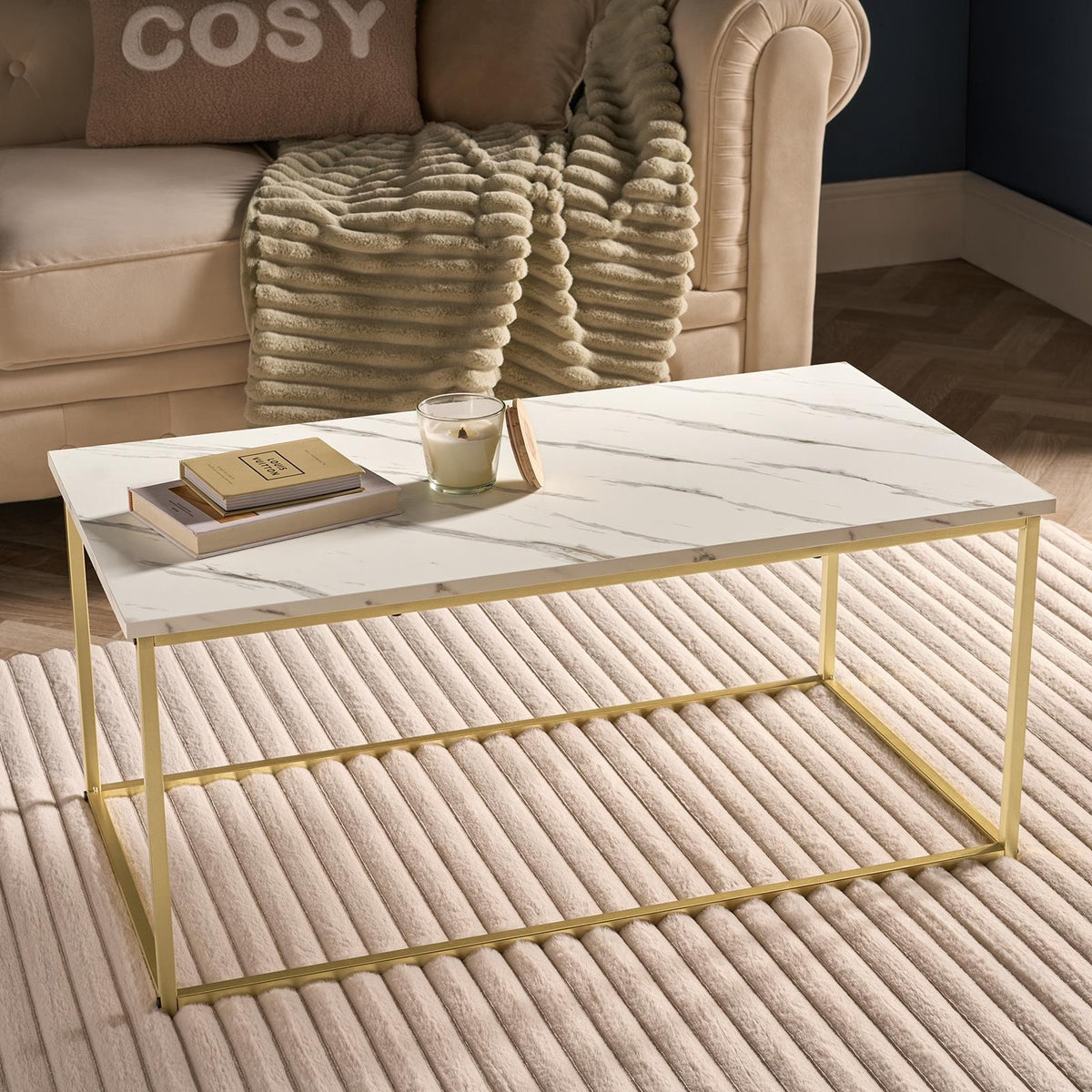 OHS Coffee Table Marble Bedside End Living Room Modern Metal Frame Home Decor