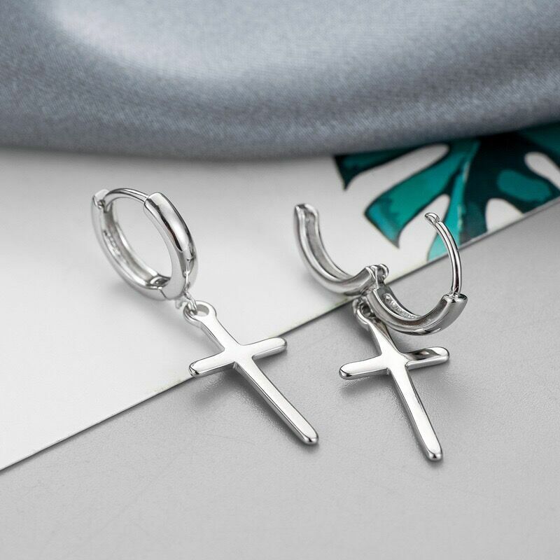 925 Sterling Silver Cross Dangle Hoop Earrings Women Girls Jewellery Gift