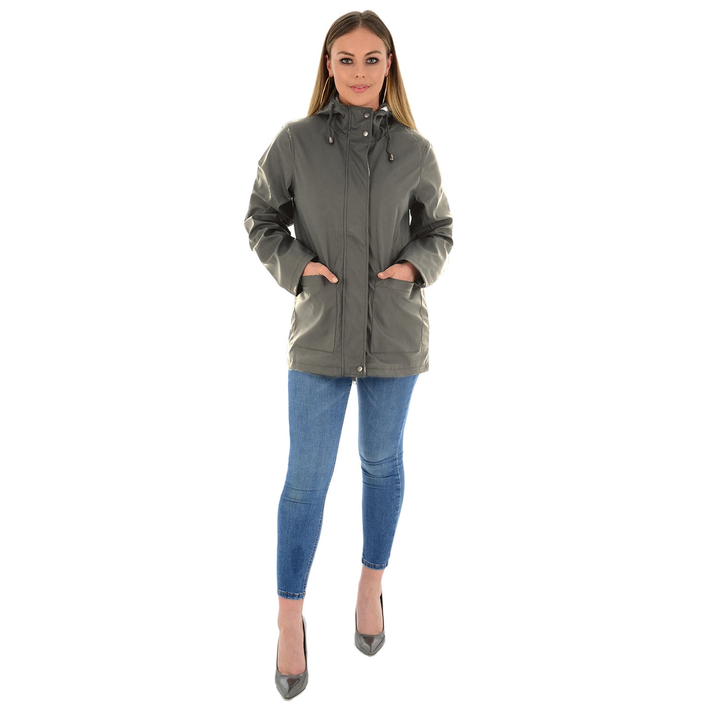 LADIES RAINCOAT WOMENS WATERPROOF FESTIVAL HOODED COAT PARKA RUBBERISED JACKET