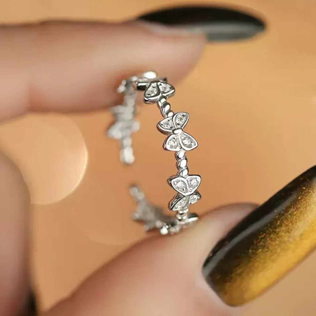 925 Sterling Silver Crystal Butterfly Linked Adjustable Ring Women Jewellery