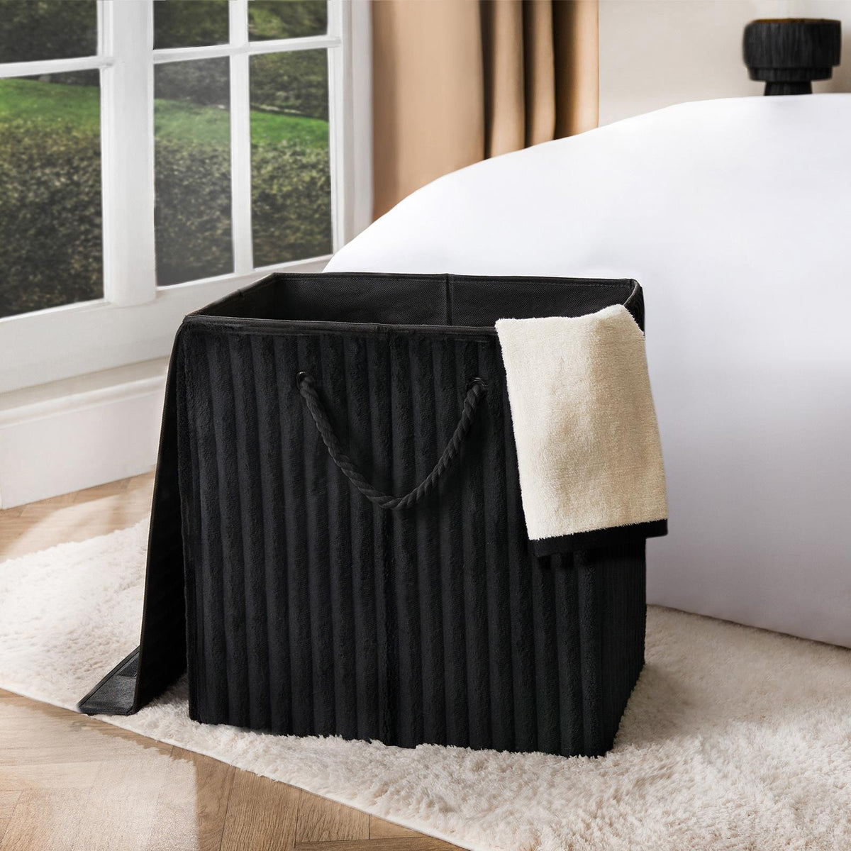 OHS Ribbed Laundry Basket with Lid Foldable Hamper Bag Washing Bin Storage