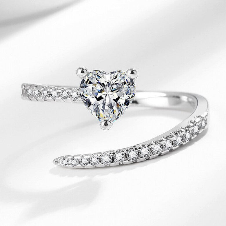 925 Sterling Silver Crystal Heart Adjustable Ring Women Girls Jewellery Gift UK