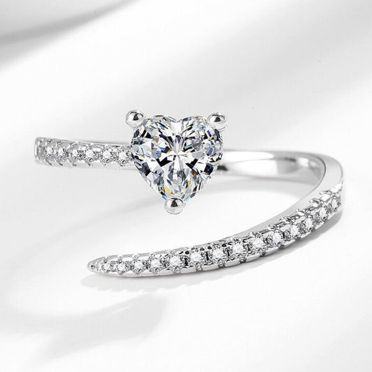 925 Sterling Silver Crystal Heart Adjustable Ring Women Girls Jewellery Gift UK