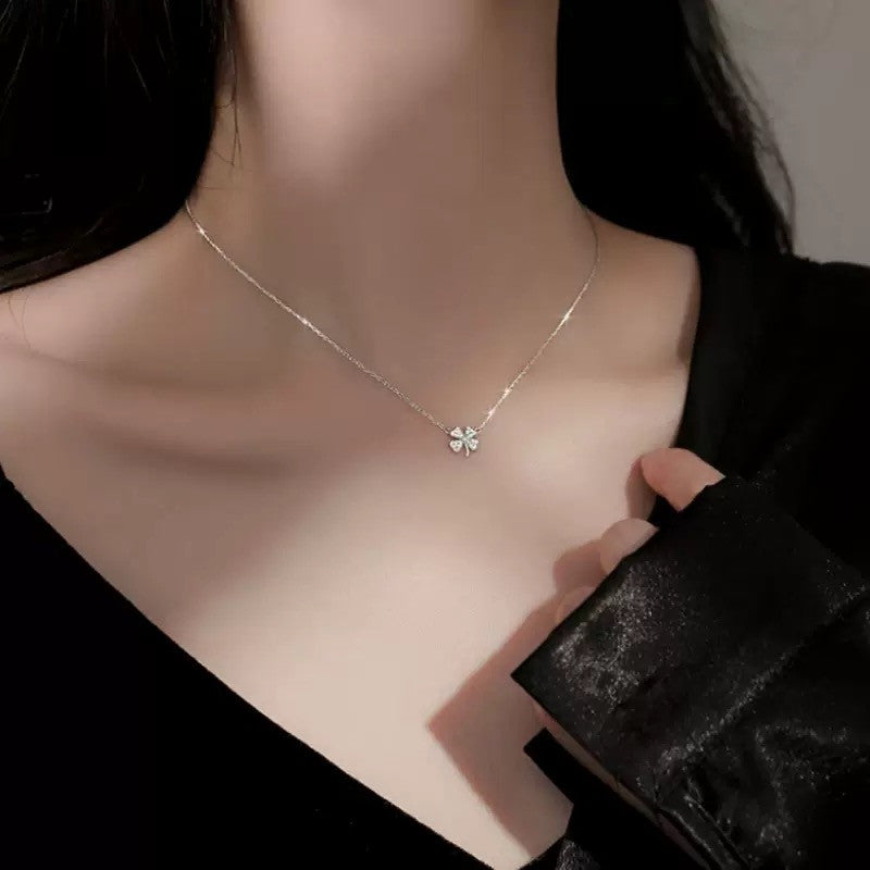 925 Sterling Silver Crystal Clover Flower Pendant Necklace Women Jewellery Gift