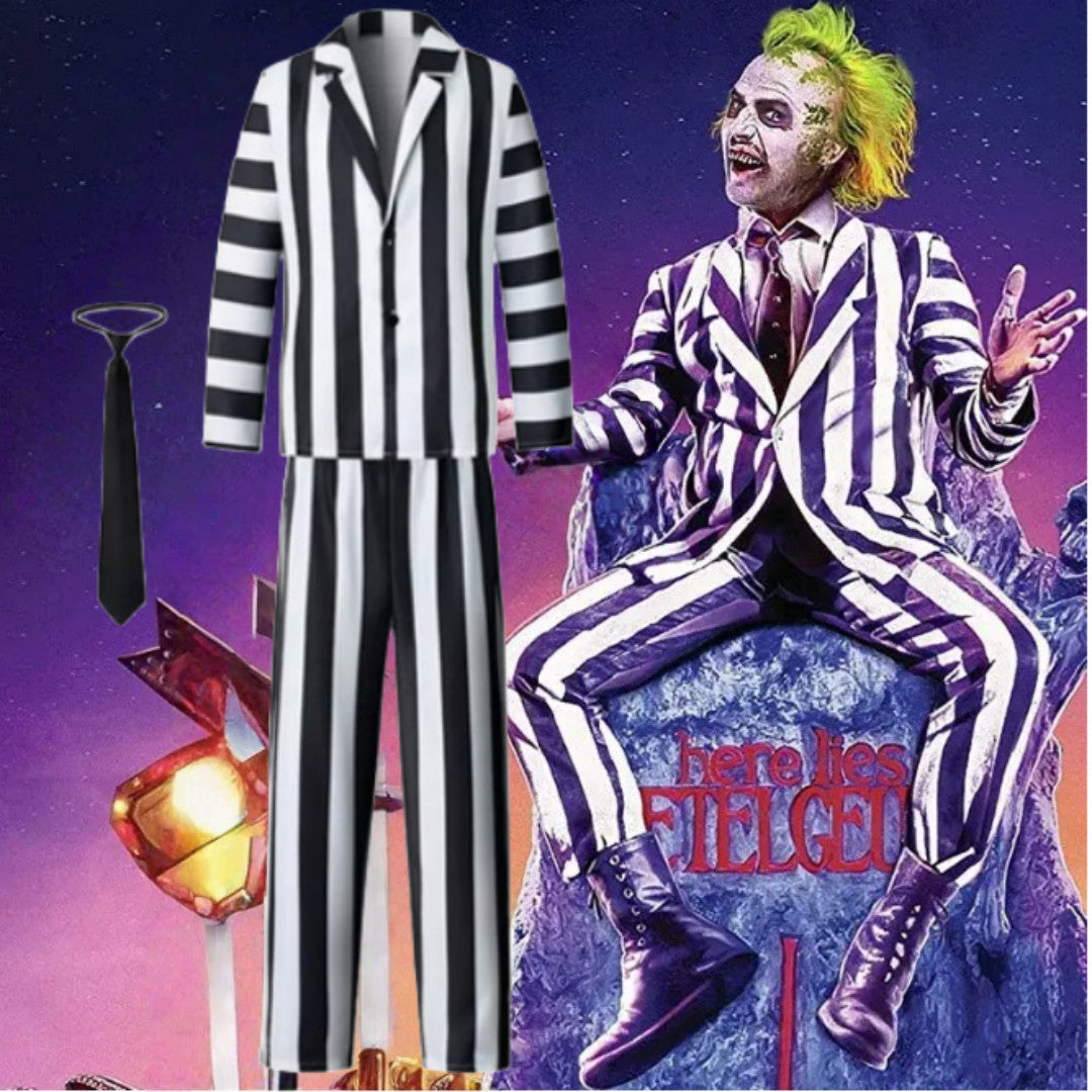 Men Beetlejuice Fancy Dress Spooky Halloween Cosplay Costume with Suit Pants Tie