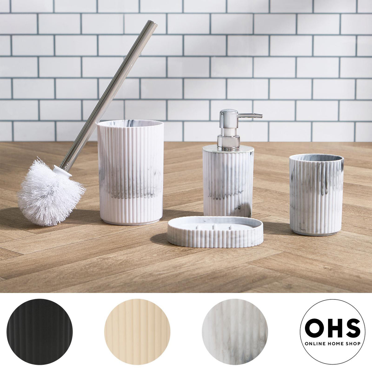 Bathroom Accessories 4 Piece Set Ribbed Soap Dispenser Holder Tumbler Toothbrush